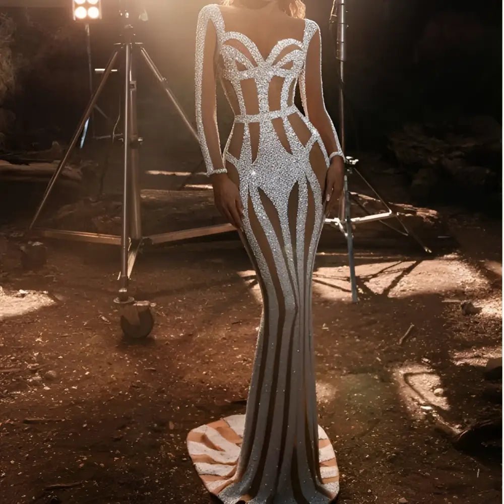 Silver Sequined Sprinkled Gold Banquet Evening Dress