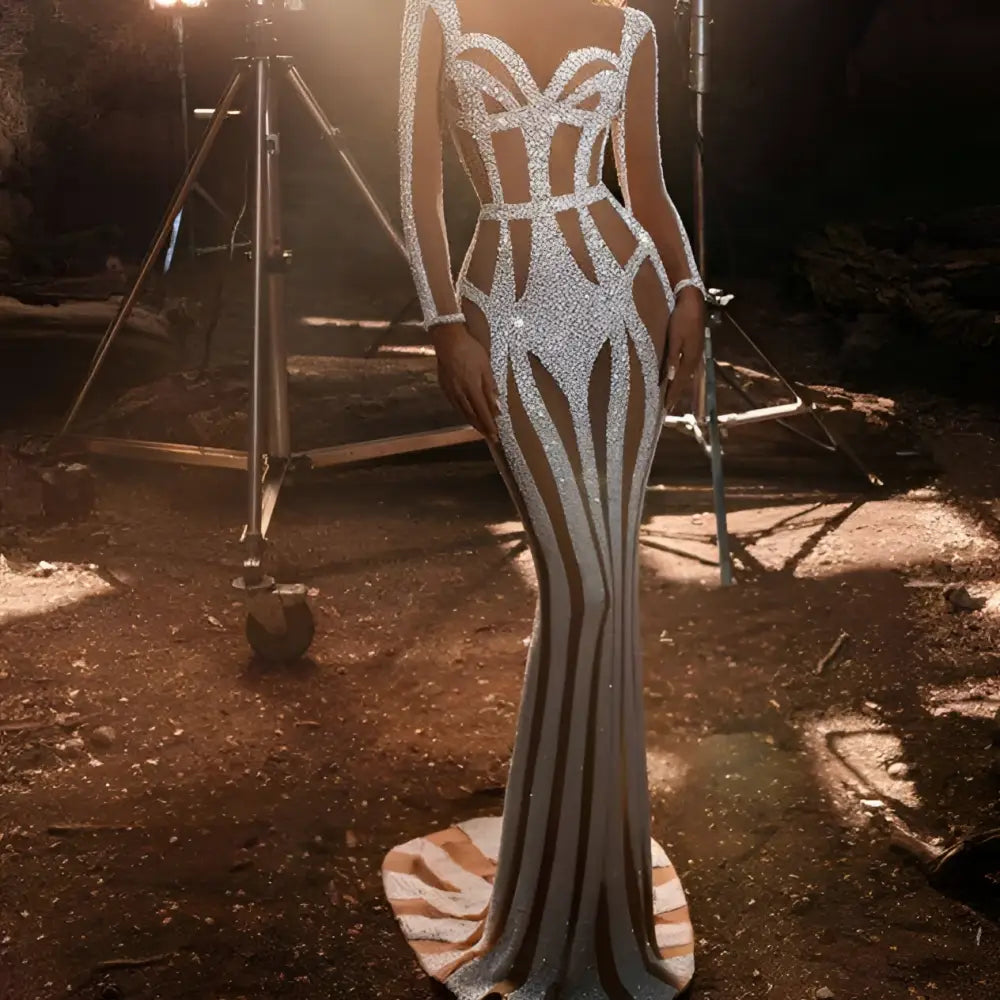 Silver Sequined Sprinkled Gold Banquet Evening Dress