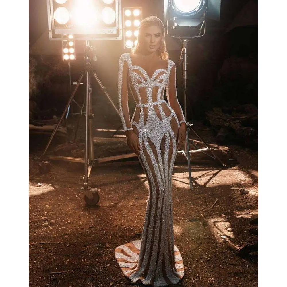 Silver Sequined Sprinkled Gold Banquet Evening Dress