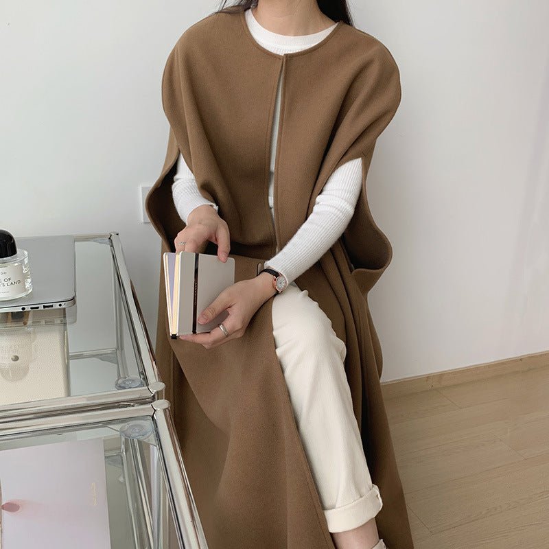 Sleeveless Cape Vest | Minimalist Long Wool-Blend Gilet Coat (MS204)