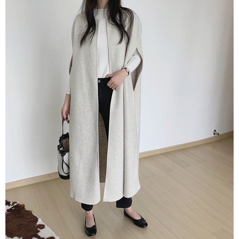 Sleeveless Cape Vest | Minimalist Long Wool-Blend Gilet Coat (MS204)