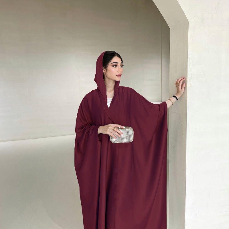 Soft Forged Bat Sleeve Abaya Robe | V-Neck Satin Cardigan Dress(MOA224)