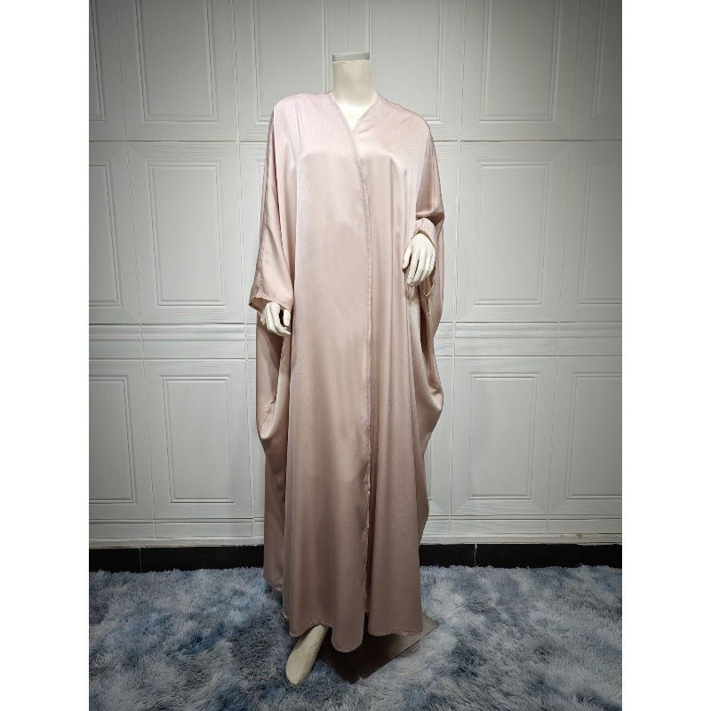 Soft Forged Bat Sleeve Abaya Robe | V-Neck Satin Cardigan Dress(MOA224)