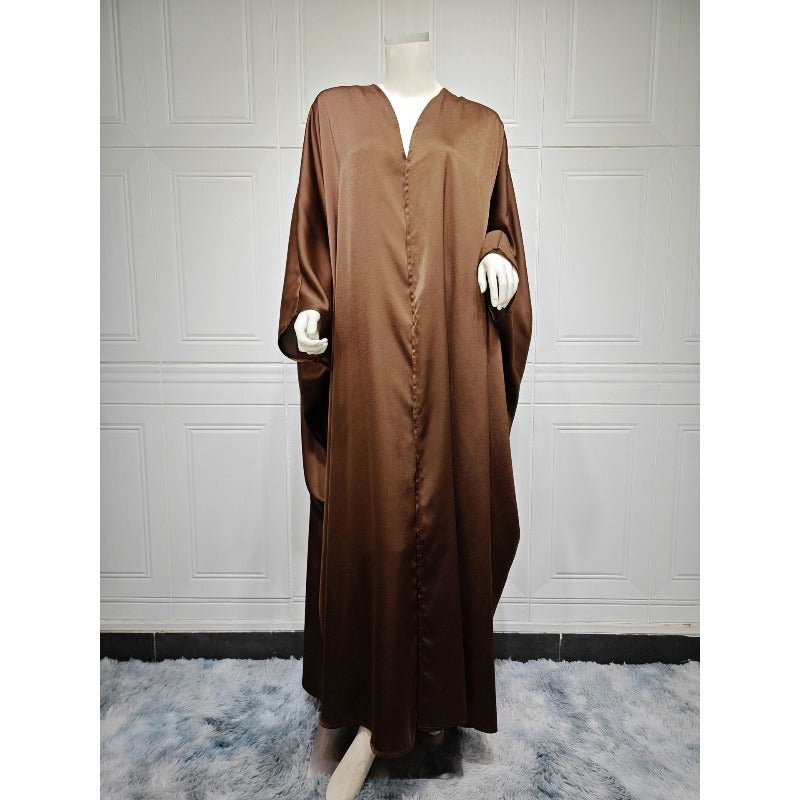 Soft Forged Bat Sleeve Abaya Robe | V-Neck Satin Cardigan Dress(MOA224)