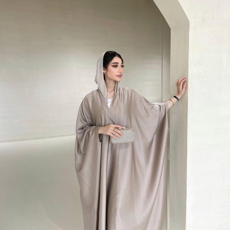 Soft Forged Bat Sleeve Abaya Robe | V-Neck Satin Cardigan Dress(MOA224)