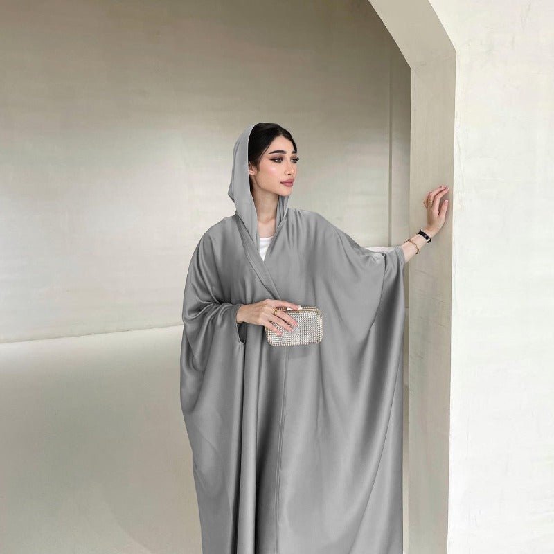 Soft Forged Bat Sleeve Abaya Robe | V-Neck Satin Cardigan Dress(MOA224)