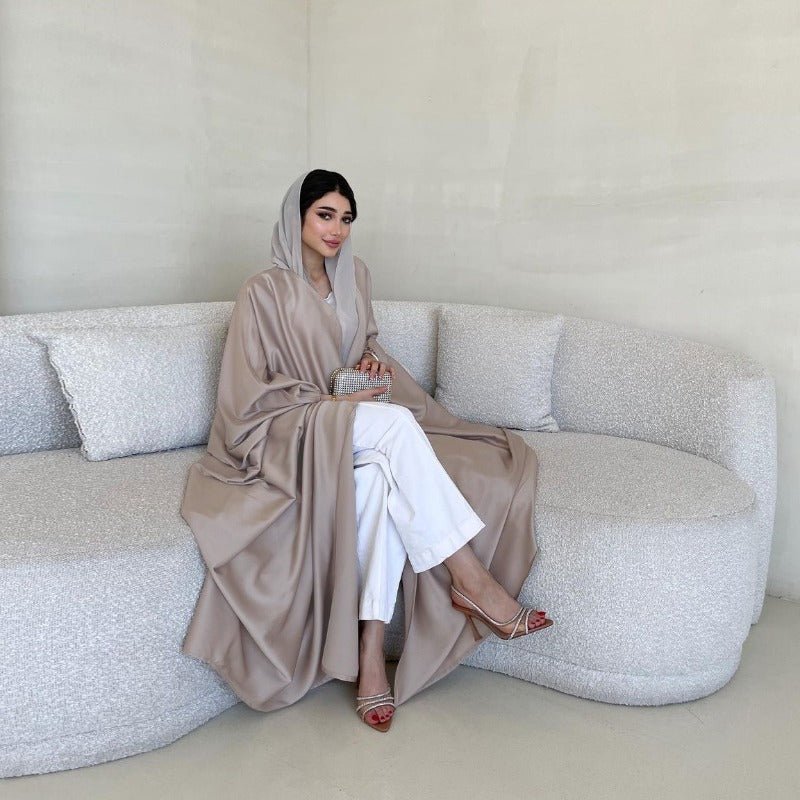 Soft Forged Bat Sleeve Abaya Robe | V-Neck Satin Cardigan Dress(MOA224)