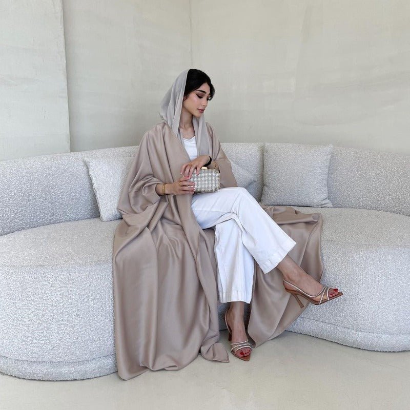 Soft Forged Bat Sleeve Abaya Robe | V-Neck Satin Cardigan Dress(MOA224)