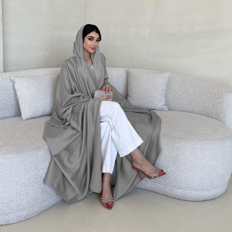 Soft Forged Bat Sleeve Abaya Robe | V-Neck Satin Cardigan Dress(MOA224)