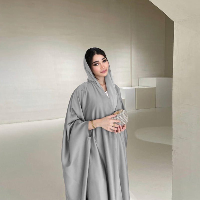 Soft Forged Bat Sleeve Abaya Robe | V-Neck Satin Cardigan Dress(MOA224)