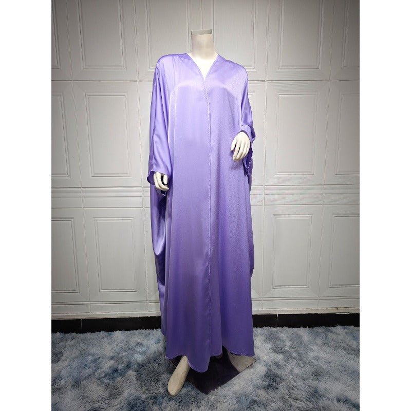 Soft Forged Bat Sleeve Abaya Robe | V-Neck Satin Cardigan Dress(MOA224)