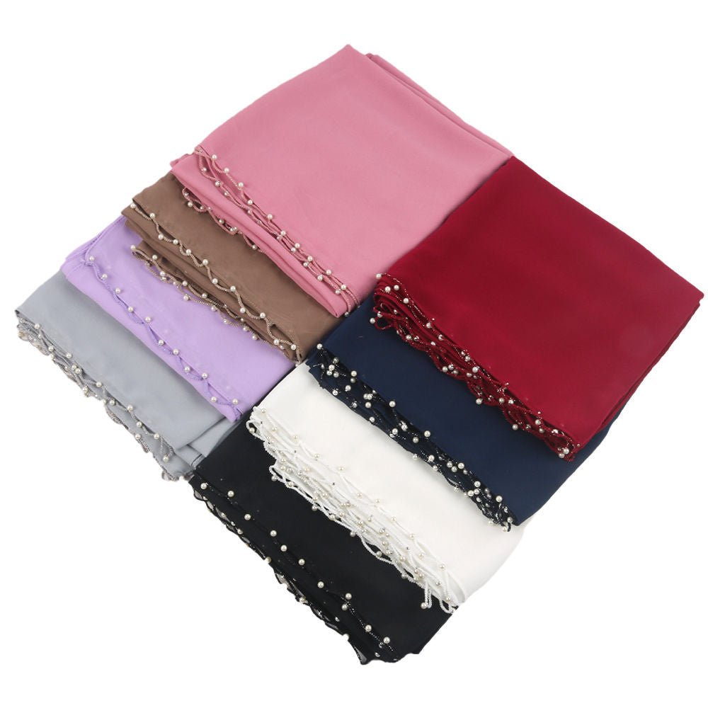 Solid Chiffon Hijab with Delicate Beaded Edging Pearl-Embellished Wave (MH139)