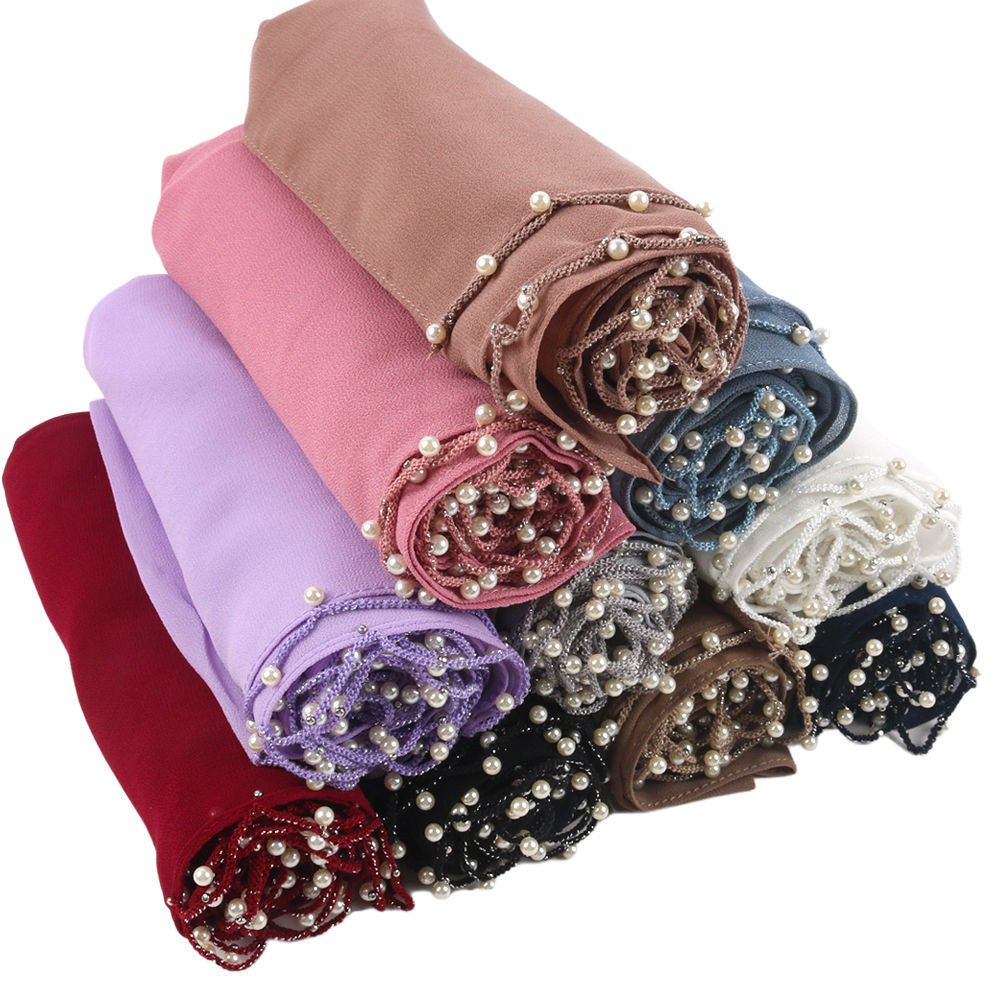 Solid Chiffon Hijab with Delicate Beaded Edging Pearl-Embellished Wave (MH139)