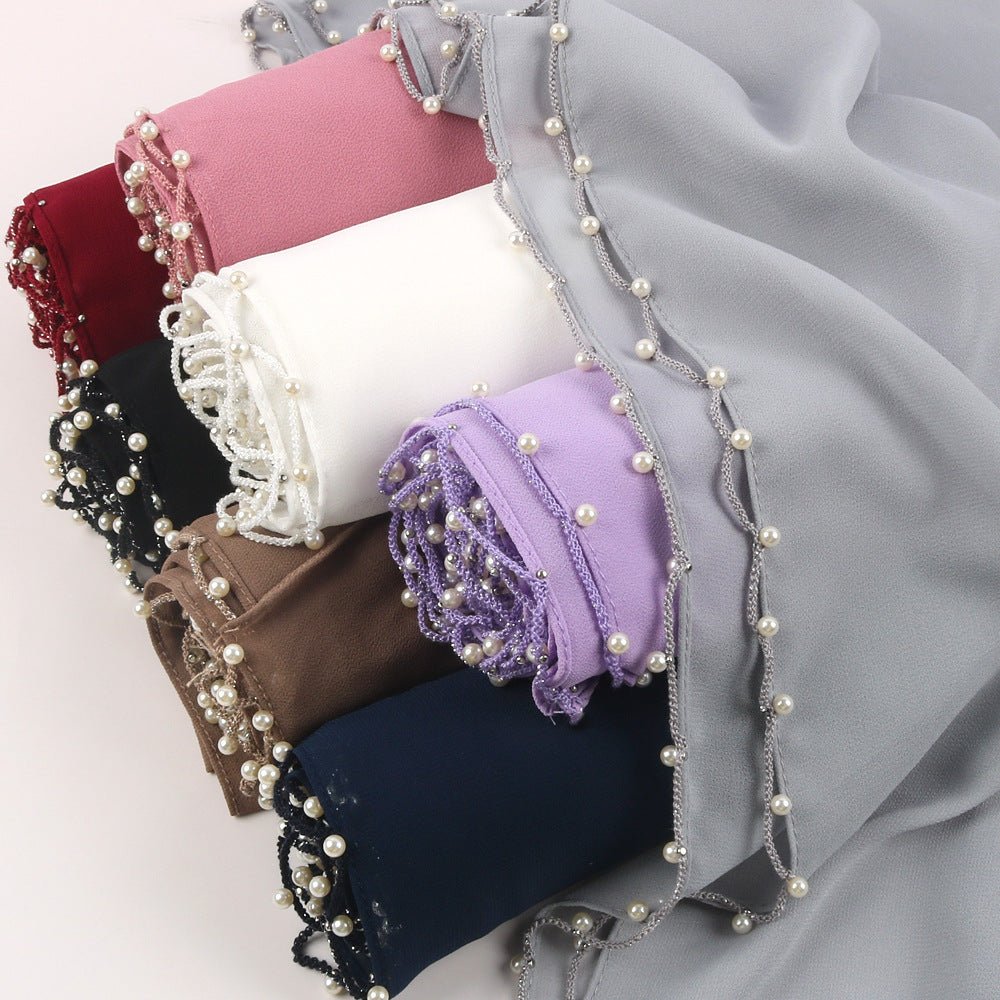 Solid Chiffon Hijab with Delicate Beaded Edging Pearl-Embellished Wave (MH139)