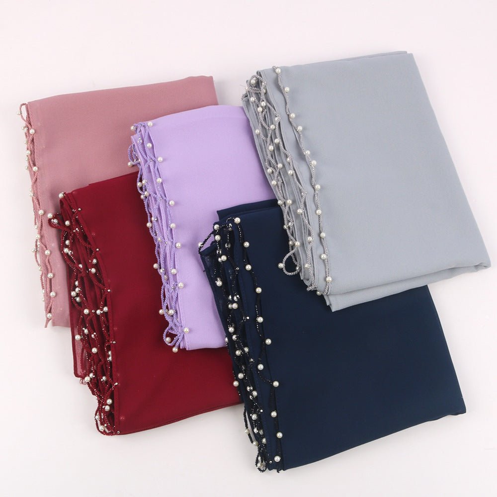Solid Chiffon Hijab with Delicate Beaded Edging Pearl-Embellished Wave (MH139)