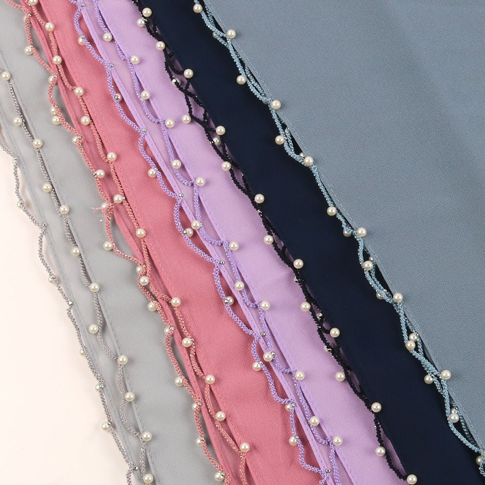 Solid Chiffon Hijab with Delicate Beaded Edging Pearl-Embellished Wave (MH139)
