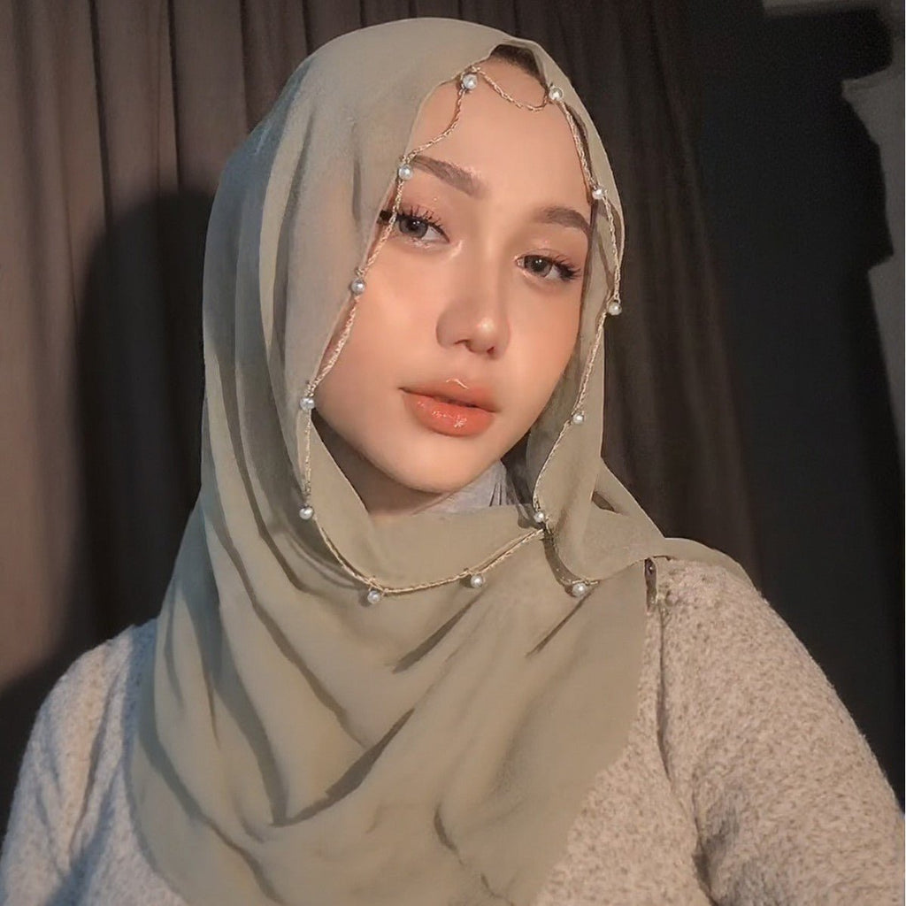 Solid Chiffon Hijab with Delicate Beaded Edging Pearl-Embellished Wave (MH139)