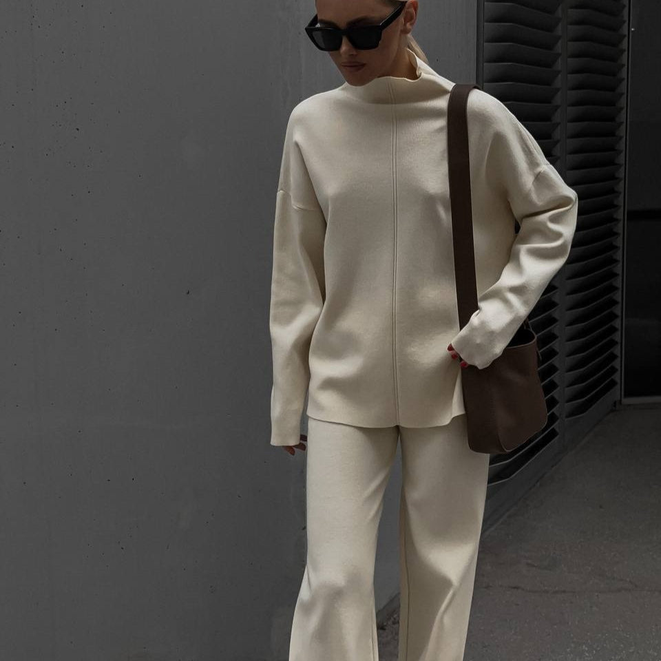 Solid Color Asymmetric Tunic & Wide Leg Pants Set(MS174)