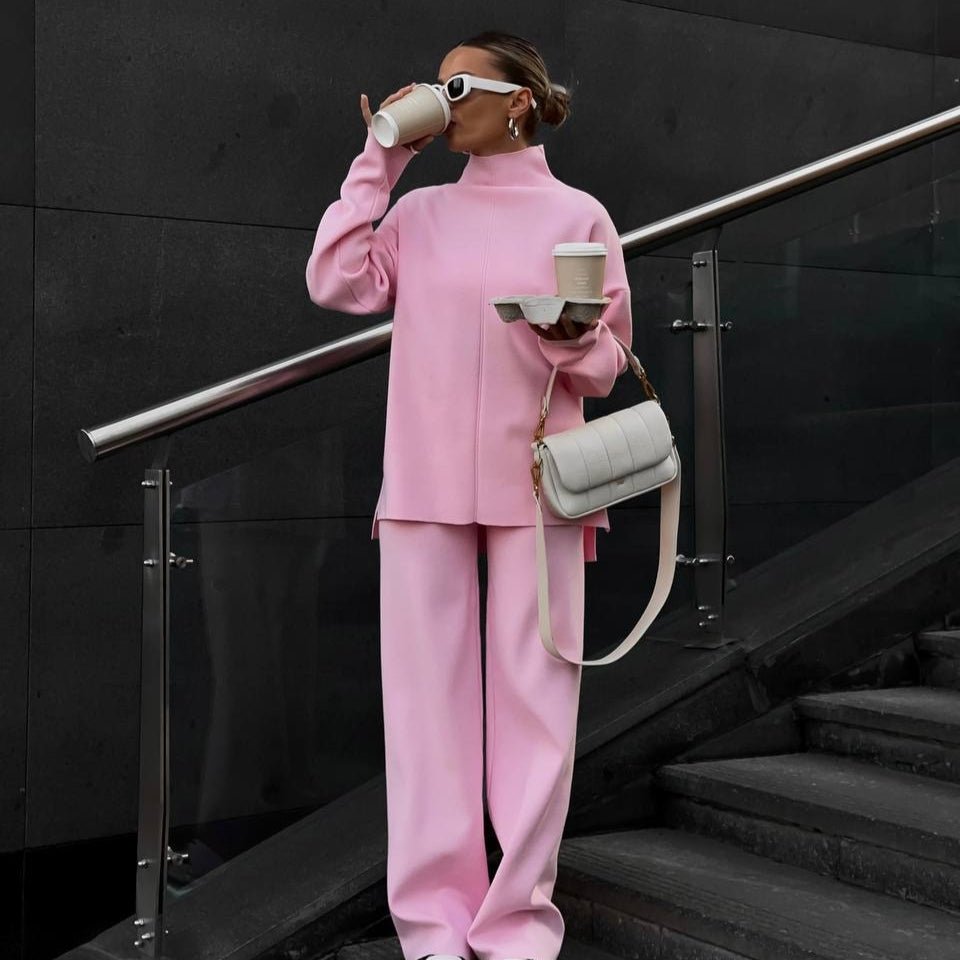 Solid Color Asymmetric Tunic & Wide Leg Pants Set(MS174)