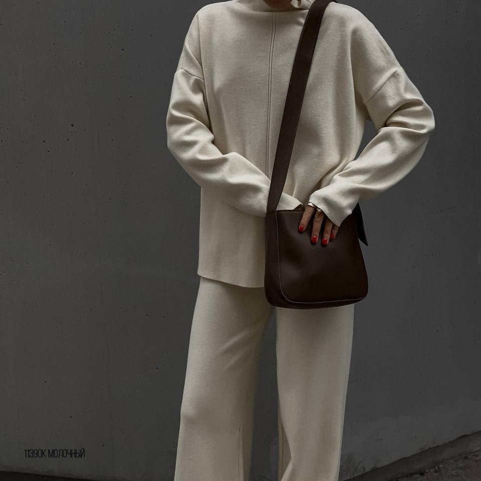 Solid Color Asymmetric Tunic & Wide Leg Pants Set(MS174)