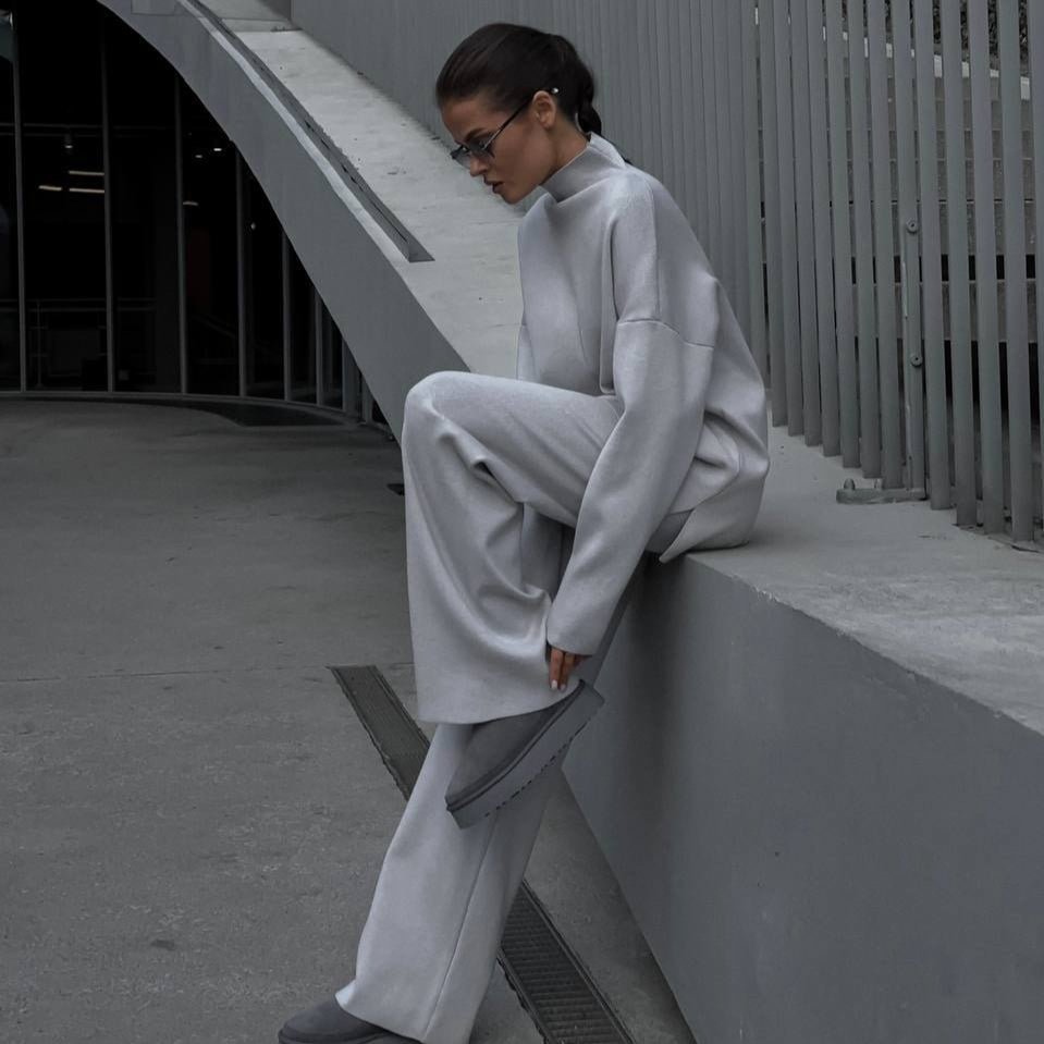 Solid Color Asymmetric Tunic & Wide Leg Pants Set(MS174)