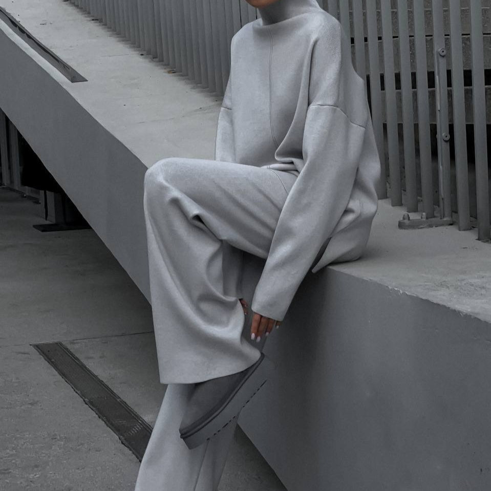 Solid Color Asymmetric Tunic & Wide Leg Pants Set(MS174)
