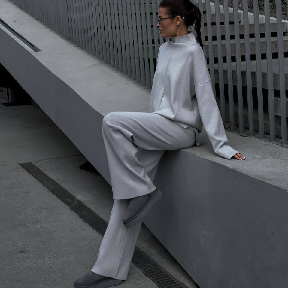 Solid Color Asymmetric Tunic & Wide Leg Pants Set(MS174)