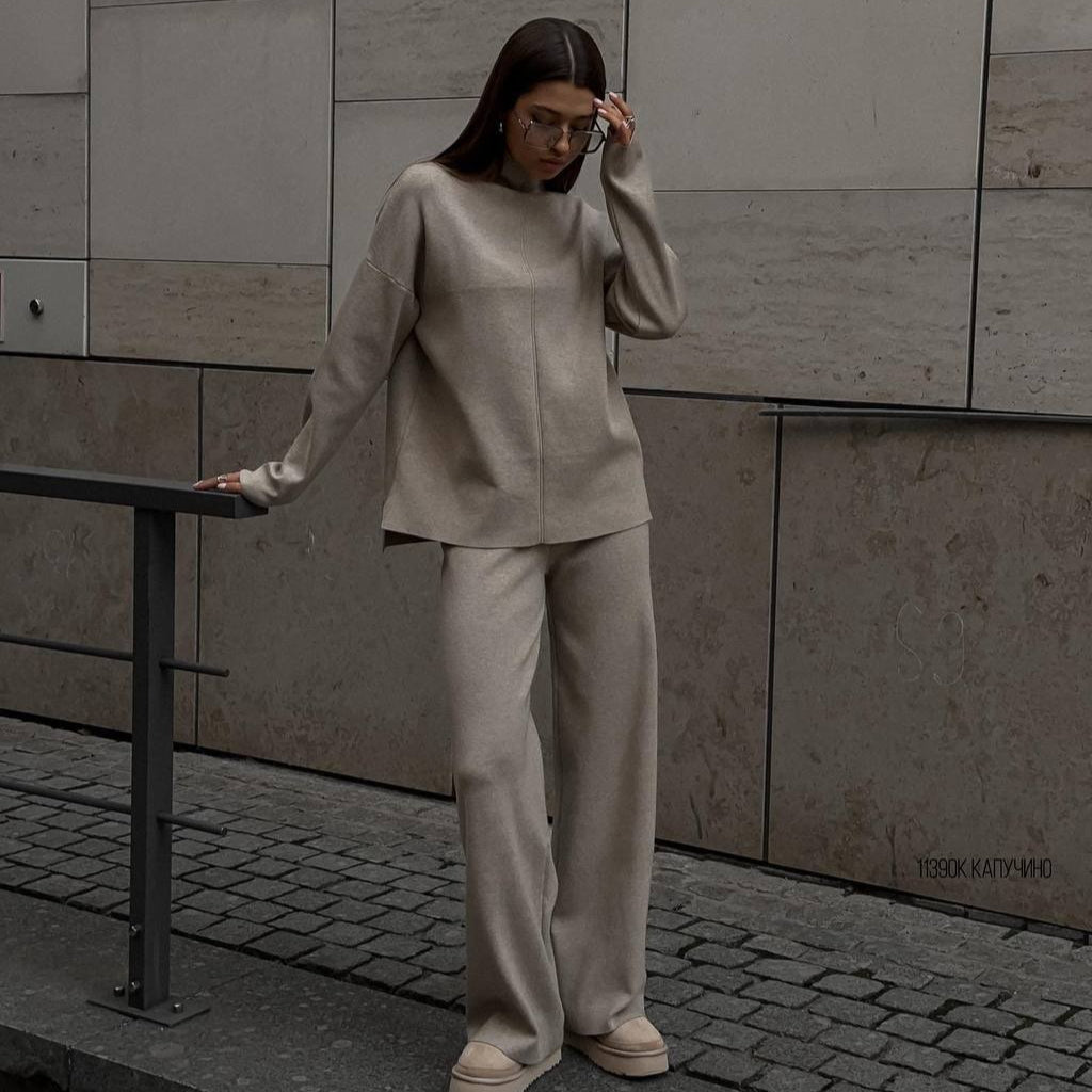 Solid Color Asymmetric Tunic & Wide Leg Pants Set(MS174)