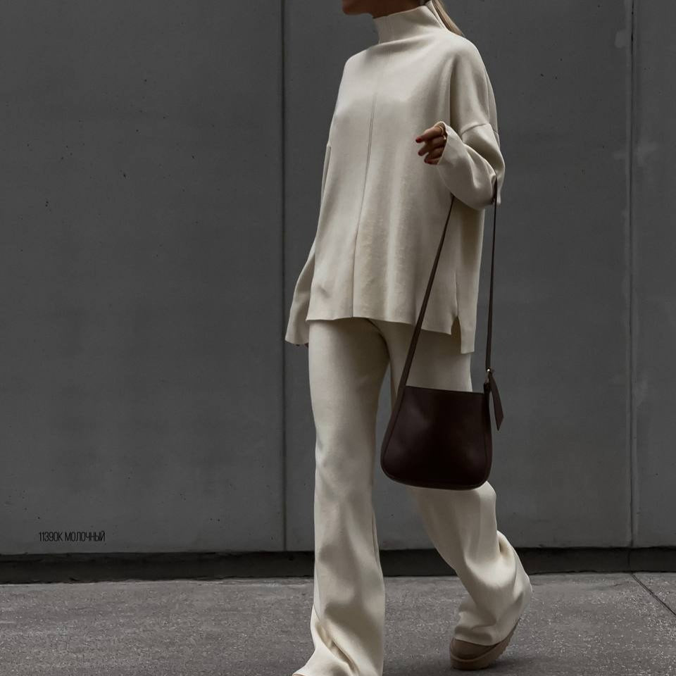 Solid Color Asymmetric Tunic & Wide Leg Pants Set(MS174)