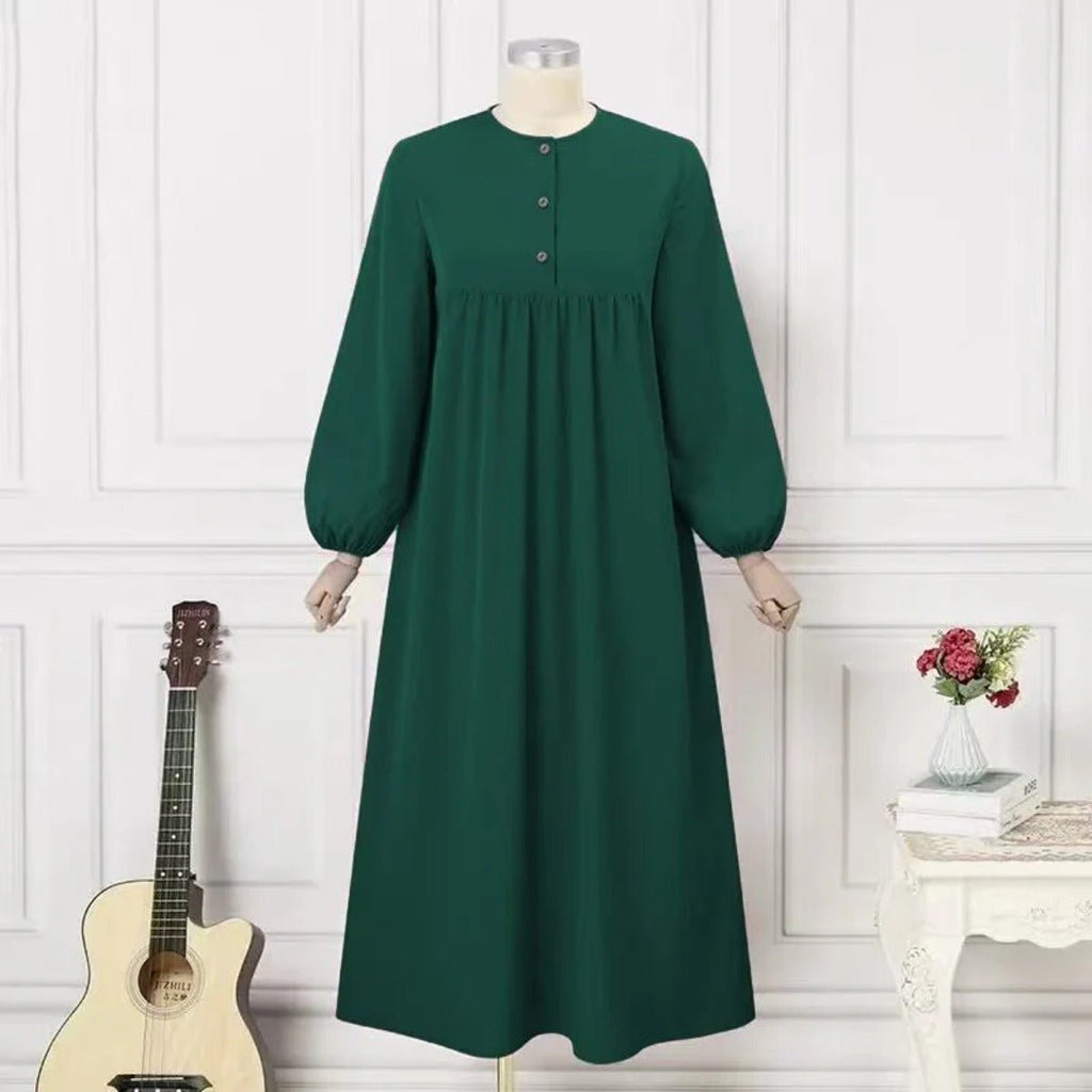 Solid Color Bubble Sleeve  with Button Casual & Elegant Long Maxi Dress Abaya (MA157)