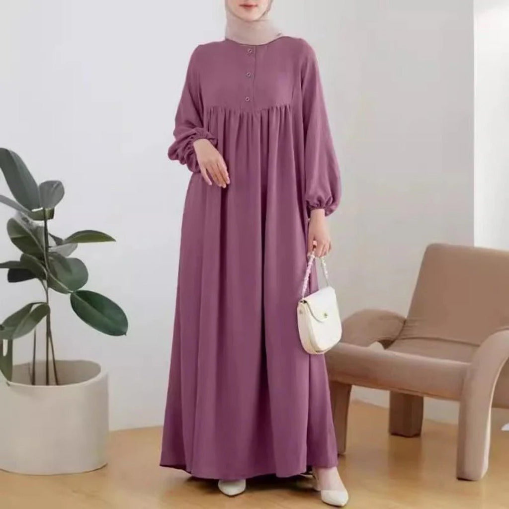 Solid Color Bubble Sleeve  with Button Casual & Elegant Long Maxi Dress Abaya (MA157)