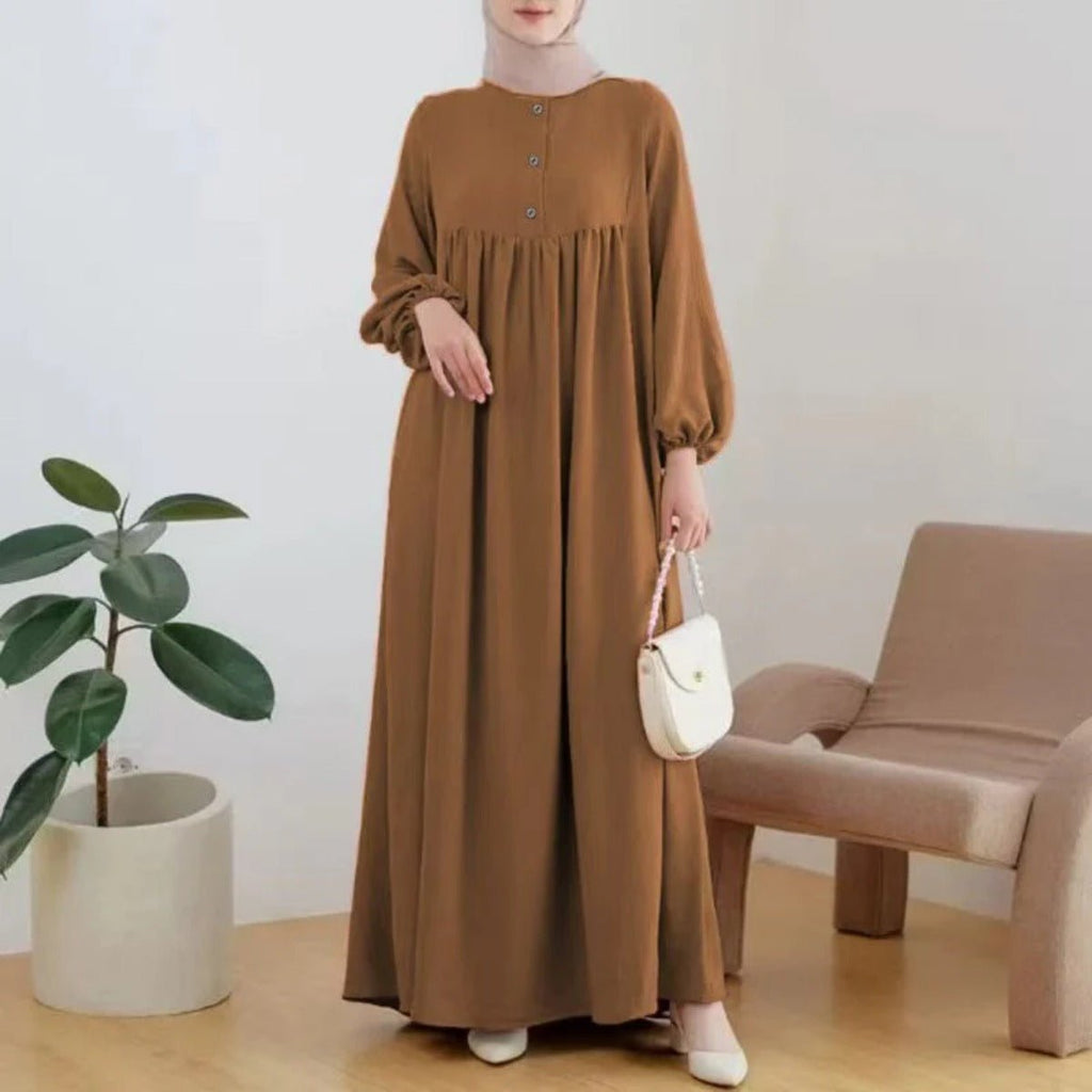 Solid Color Bubble Sleeve  with Button Casual & Elegant Long Maxi Dress Abaya (MA157)