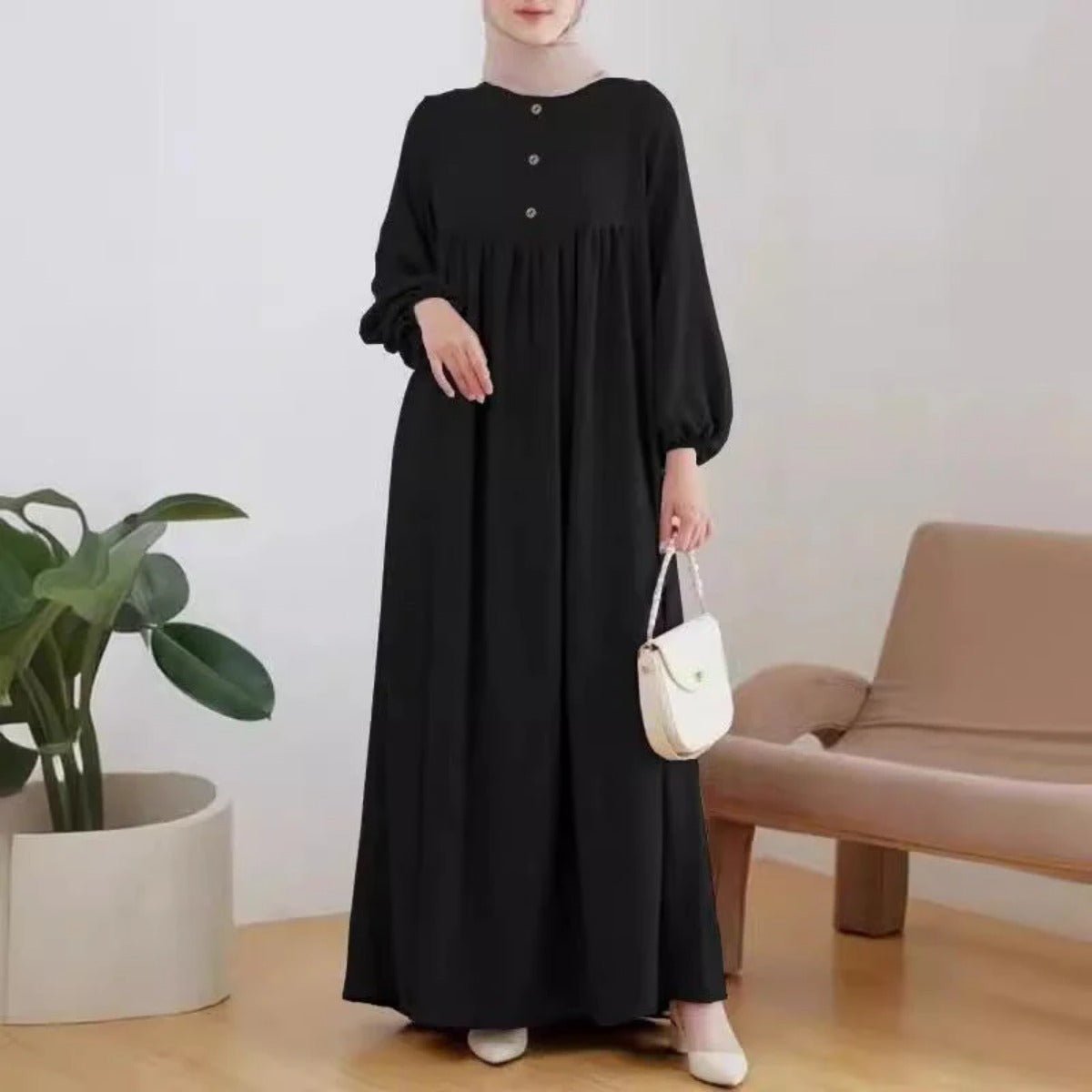 Solid Color Bubble Sleeve  with Button Casual & Elegant Long Maxi Dress Abaya (MA157)