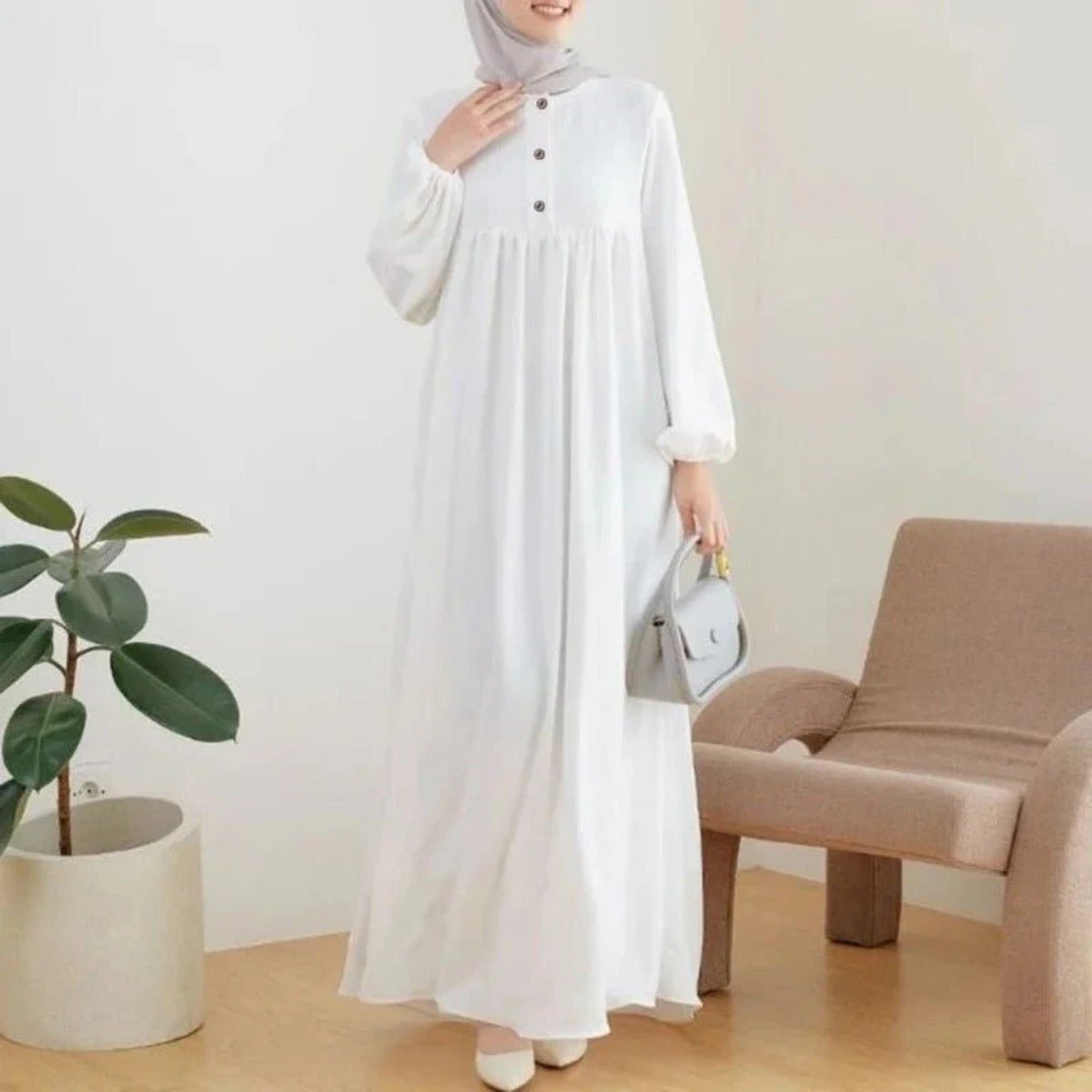 Solid Color Bubble Sleeve  with Button Casual & Elegant Long Maxi Dress Abaya (MA157)