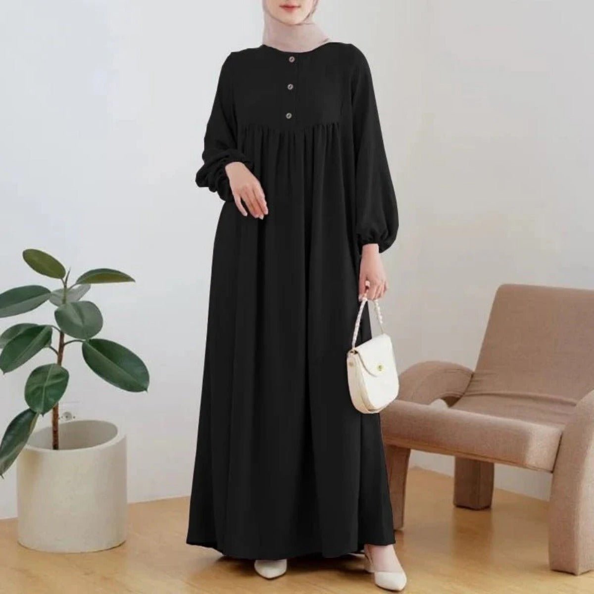 Solid Color Bubble Sleeve  with Button Casual & Elegant Long Maxi Dress Abaya (MA157)
