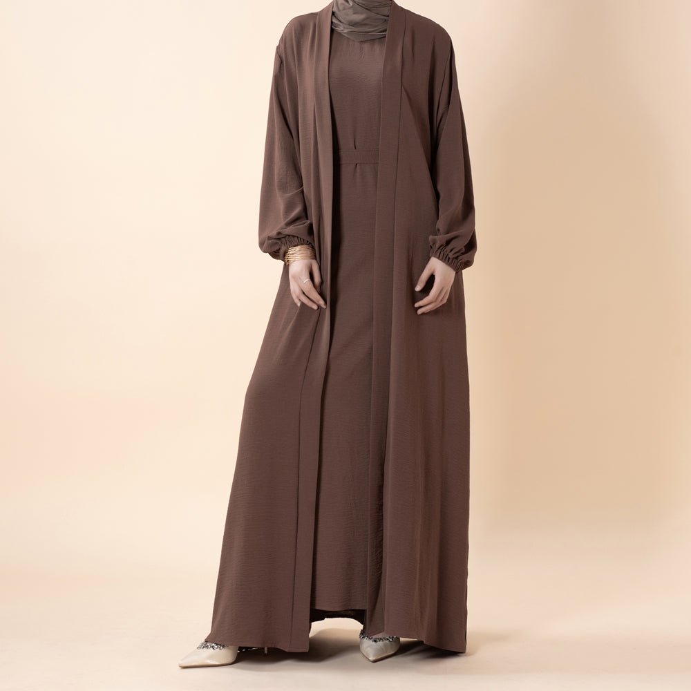 Solid Color Elegant Open Abaya with Pockets | 3-Piece Set Open Abaya (MOA092)