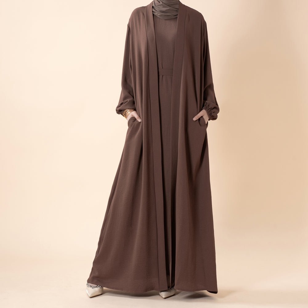 Solid Color Elegant Open Abaya with Pockets | 3-Piece Set Open Abaya (MOA092)