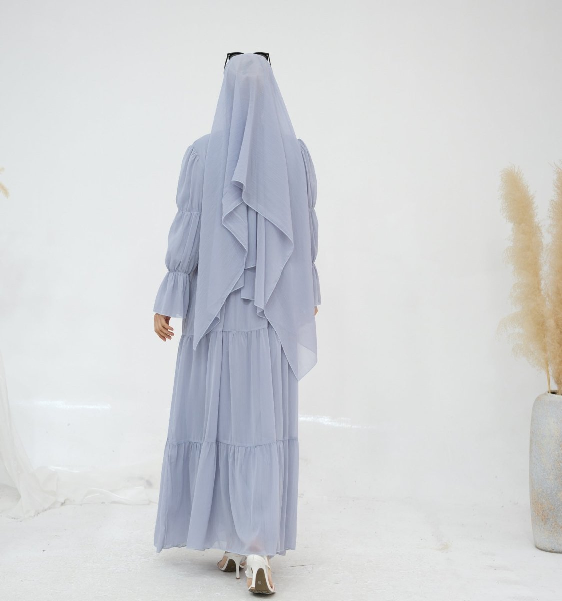 Solid Color Layered Chiffon Elegant Open Abaya 3-Piece Set (MOA132)