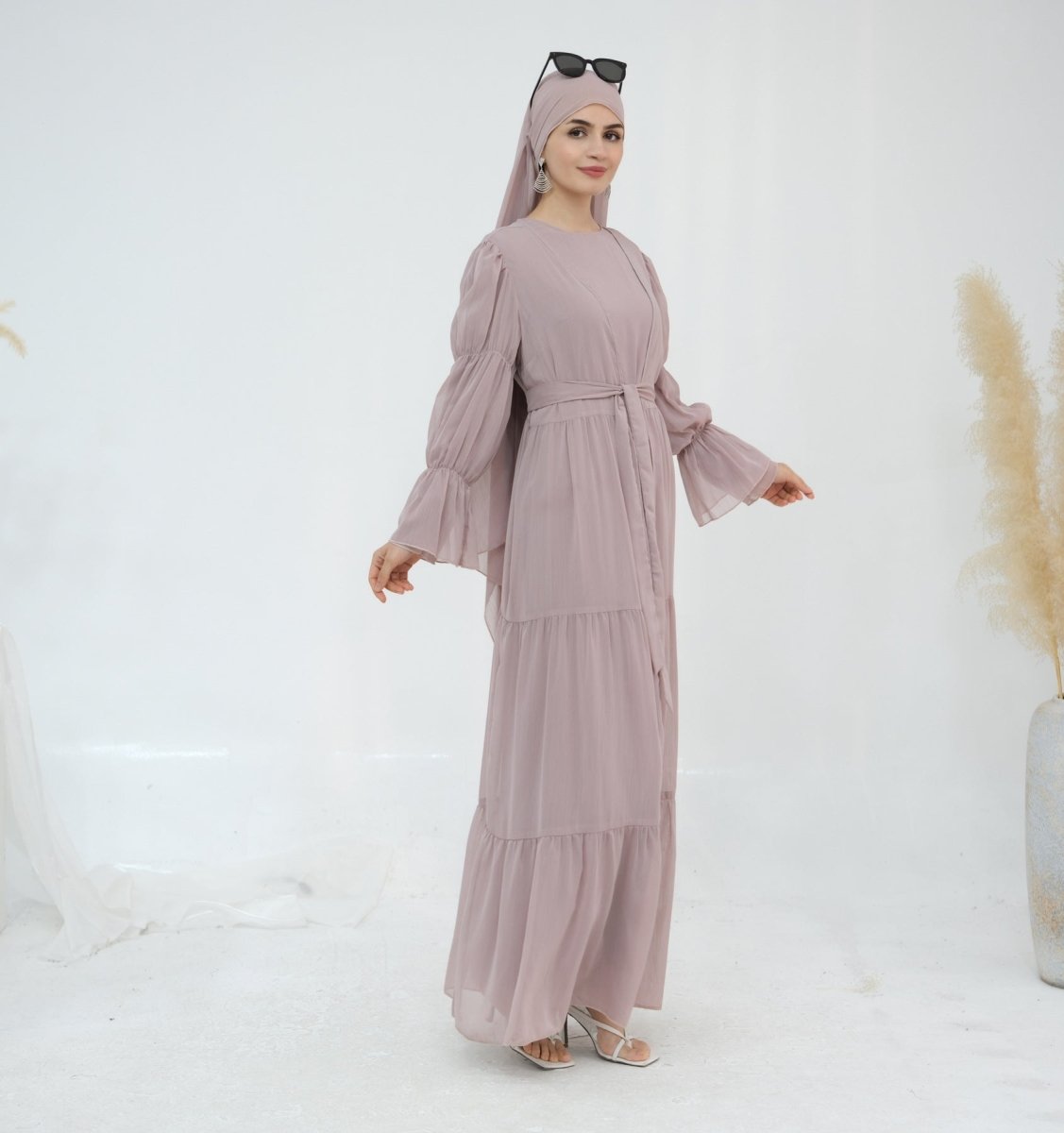 Solid Color Layered Chiffon Elegant Open Abaya 3-Piece Set (MOA132)