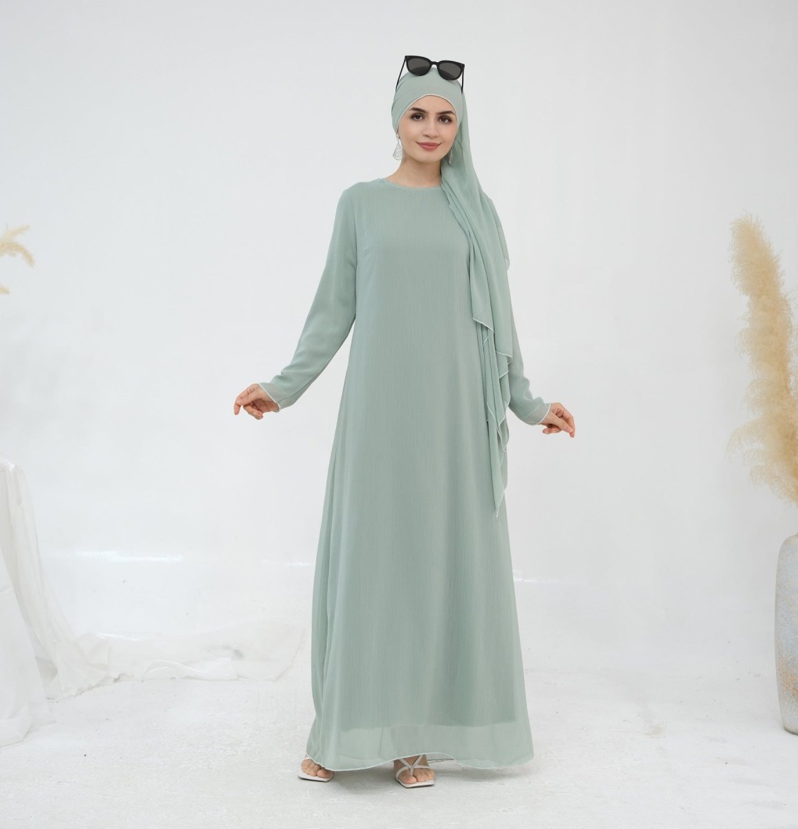 Solid Color Layered Chiffon Elegant Open Abaya 3-Piece Set (MOA132)
