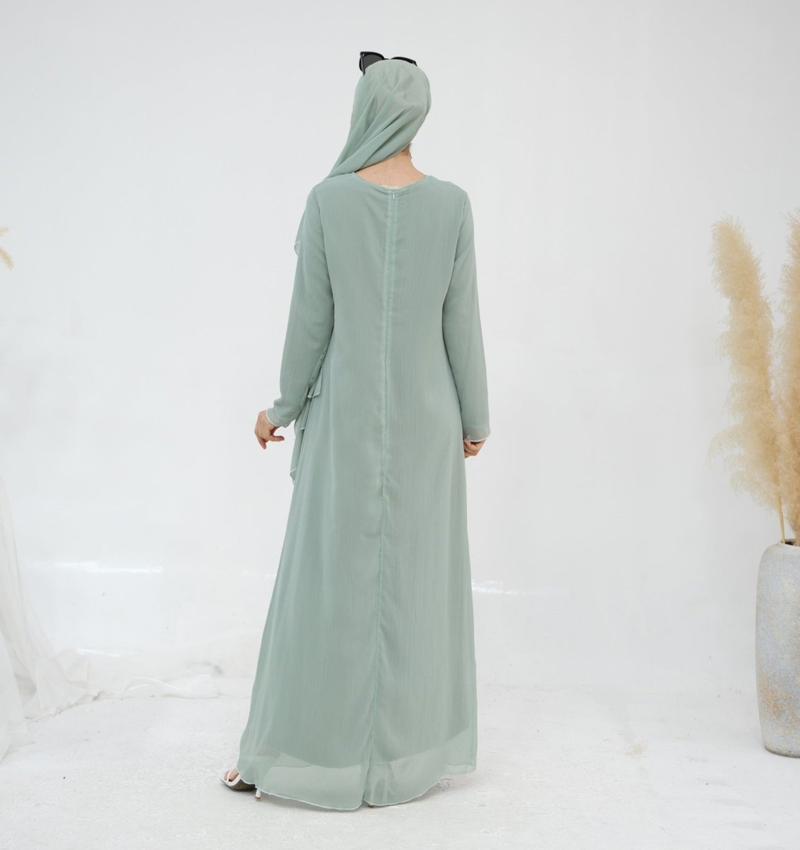 Solid Color Layered Chiffon Elegant Open Abaya 3-Piece Set (MOA132)
