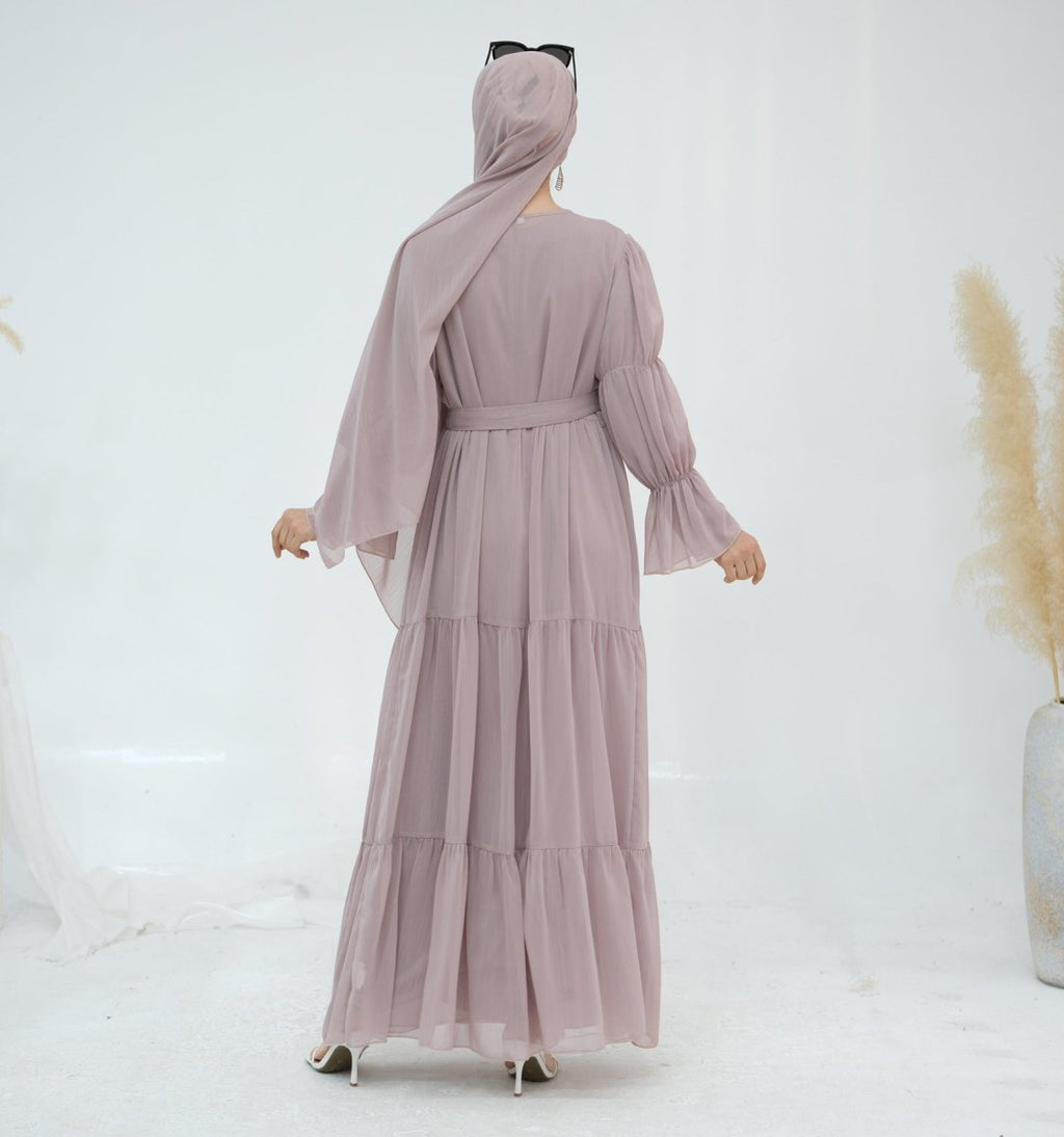 Solid Color Layered Chiffon Elegant Open Abaya 3-Piece Set (MOA132)