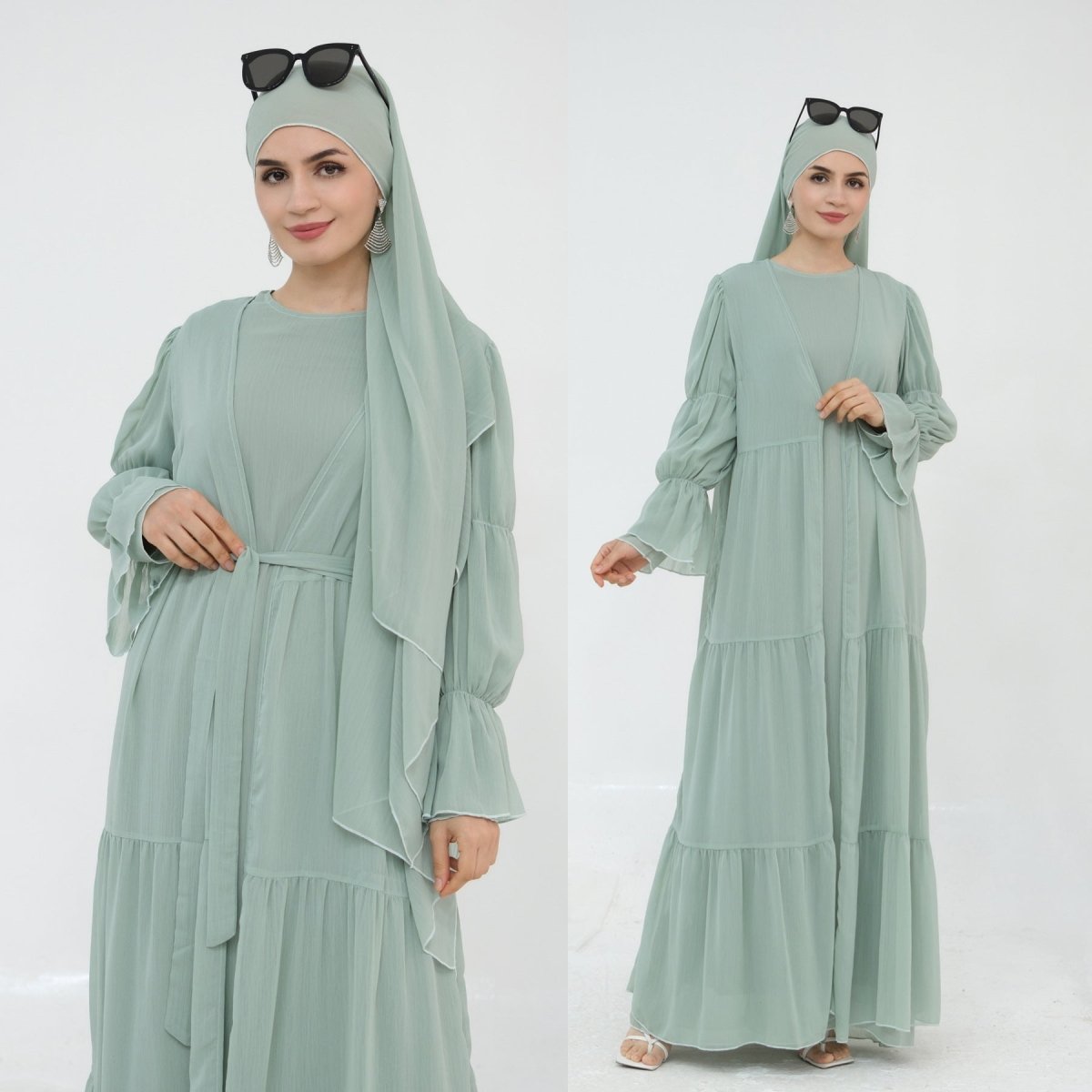 Solid Color Layered Chiffon Elegant Open Abaya 3-Piece Set (MOA132)