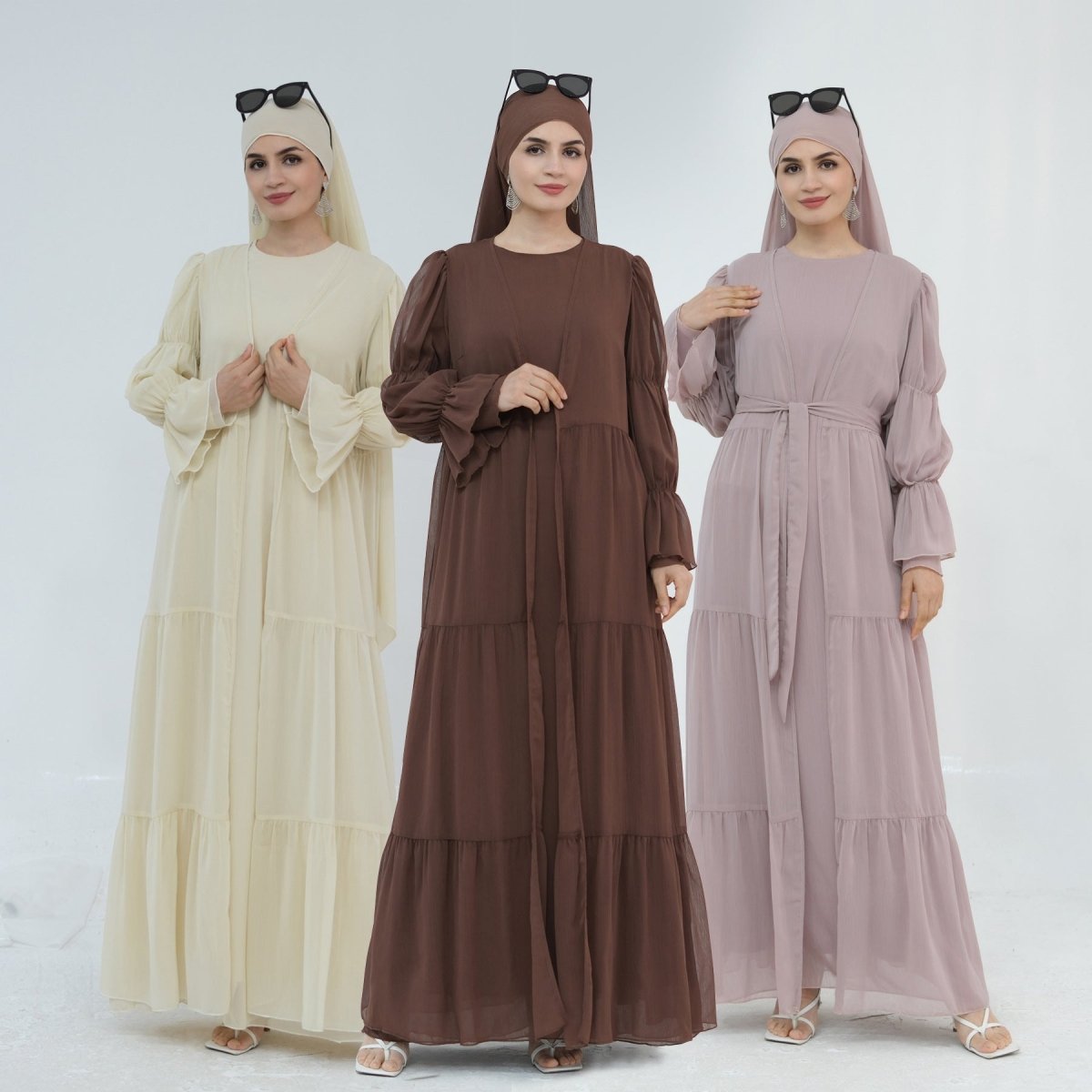 Solid Color Layered Chiffon Elegant Open Abaya 3-Piece Set (MOA132)