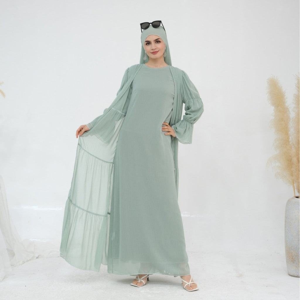 Solid Color Layered Chiffon Elegant Open Abaya 3-Piece Set (MOA132)