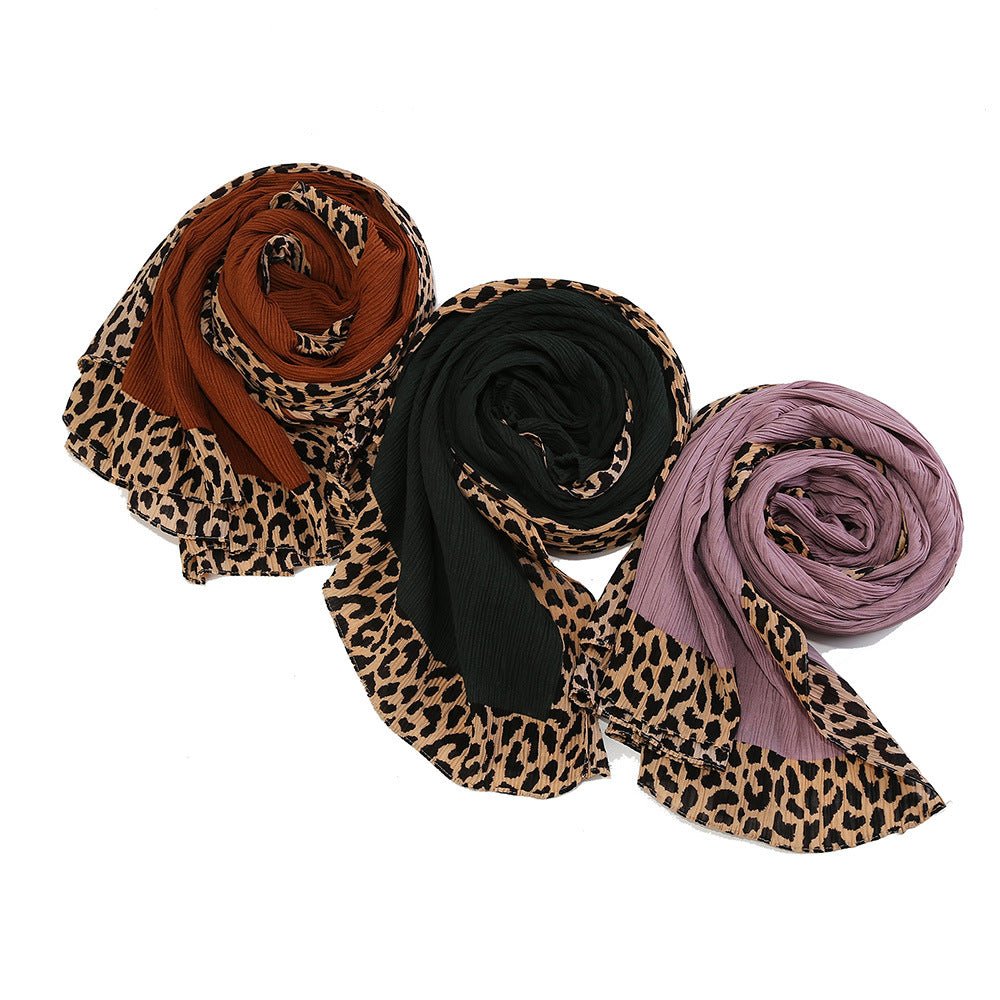 Solid Color Leopard-Print Embellished Crinkle Scarf Hijab (MH181)