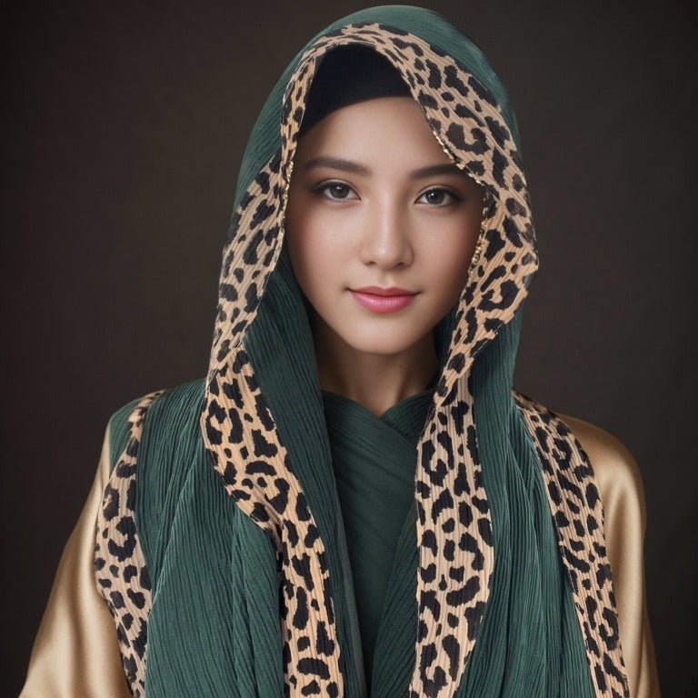 Solid Color Leopard-Print Embellished Crinkle Scarf Hijab (MH181)