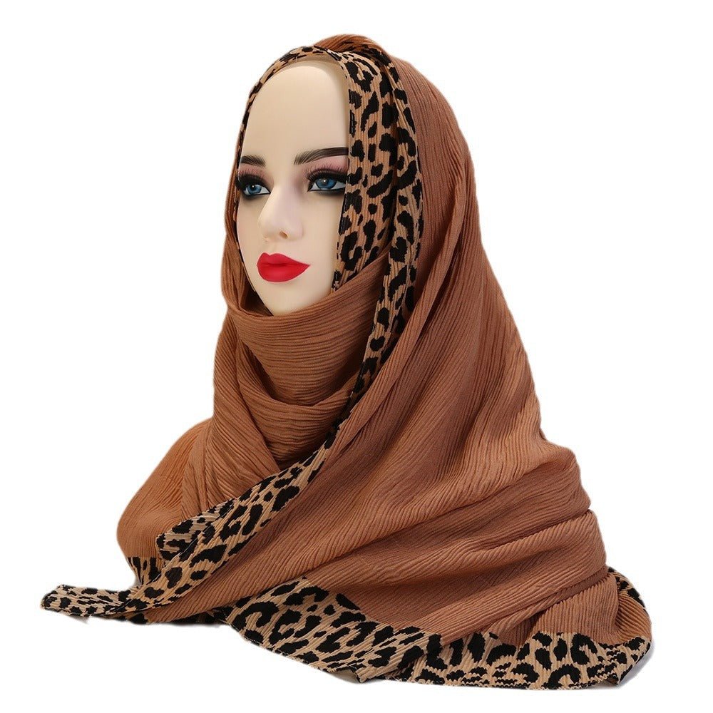 Solid Color Leopard-Print Embellished Crinkle Scarf Hijab (MH181)