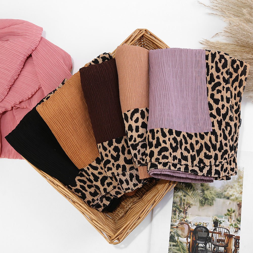 Solid Color Leopard-Print Embellished Crinkle Scarf Hijab (MH181)