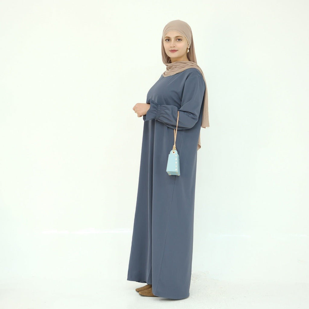 Solid Color Modest Robe Dress Two-Piece Set – Muslim Abaya with Puff Sleeves(MA275)